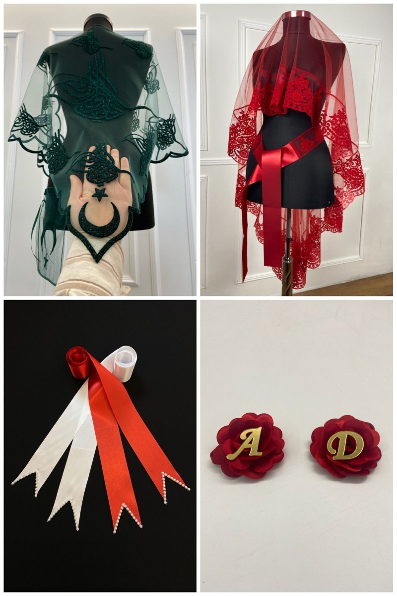 Kırmızı Gelin Duvak Seti, Damat Omuz Örtüsü, Takı Kurdele, El Gülü, Kına Duvağı Şalı,10 Parça