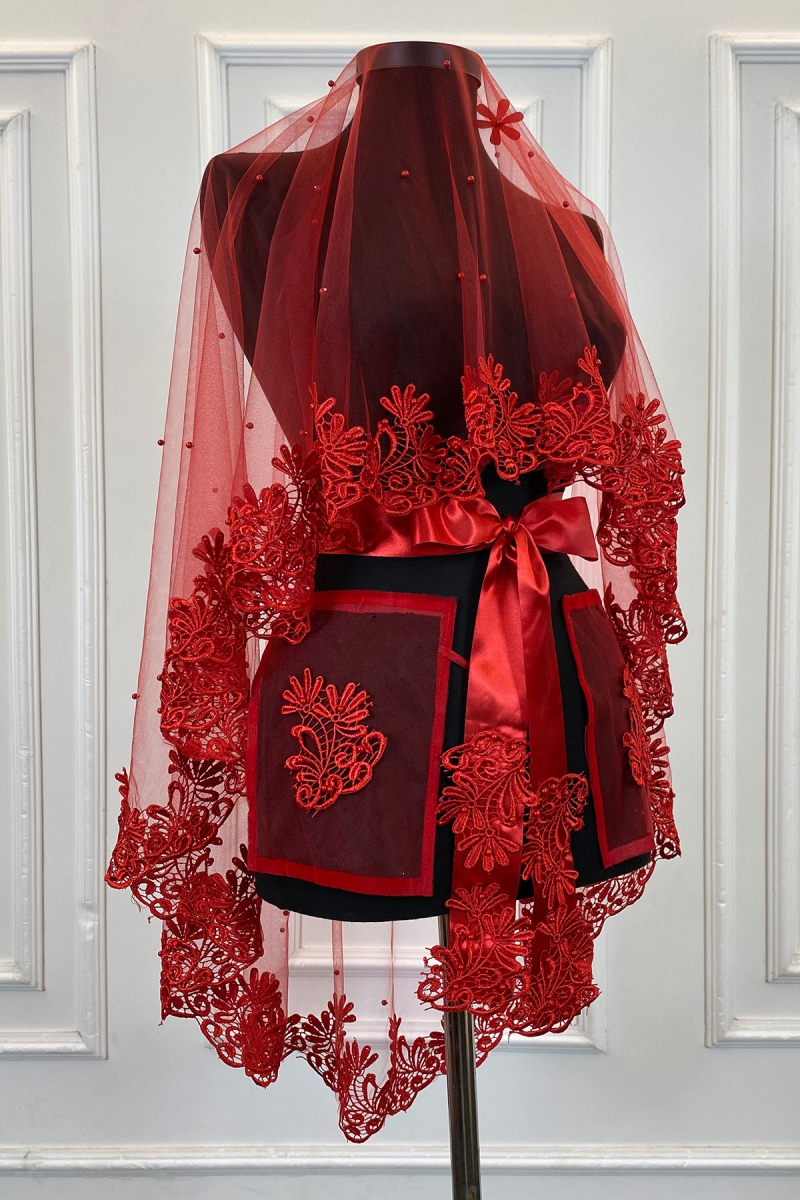 Kırmızı Gelin Duvak Seti, Güpürlü Ve İnci Süslemeli Kına Gecesi Duvağı Alı Örtüsü 6 Parça