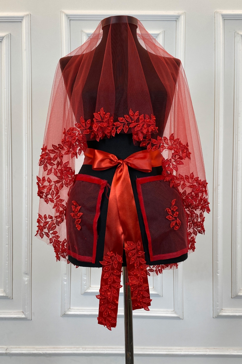 Kırmızı Gelin Duvak Seti, Güpürlü Ve İnci Süslemeli Kına Gecesi Duvağı Alı Örtüsü 6 Parça