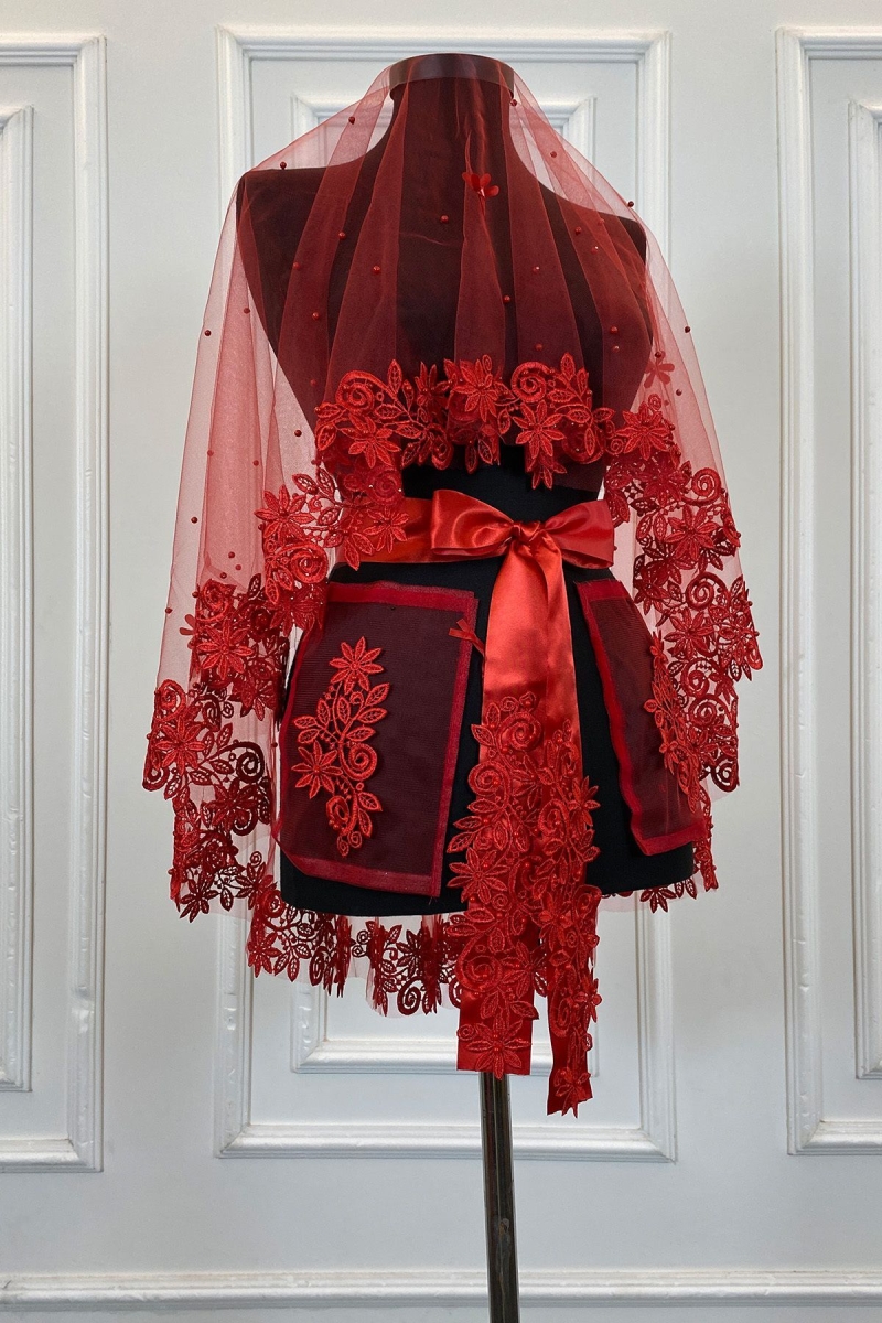 Kırmızı Gelin Duvak Seti, Güpürlü Ve İnci Süslemeli Kına Gecesi Duvağı Alı Örtüsü 6 Parça