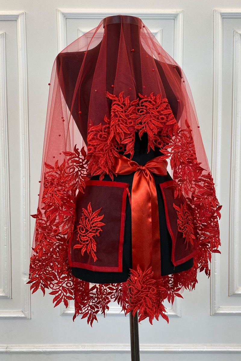 Kırmızı Gelin Duvak Seti, Güpürlü Ve İnci Süslemeli Kına Gecesi Duvağı Alı Örtüsü 6 Parça