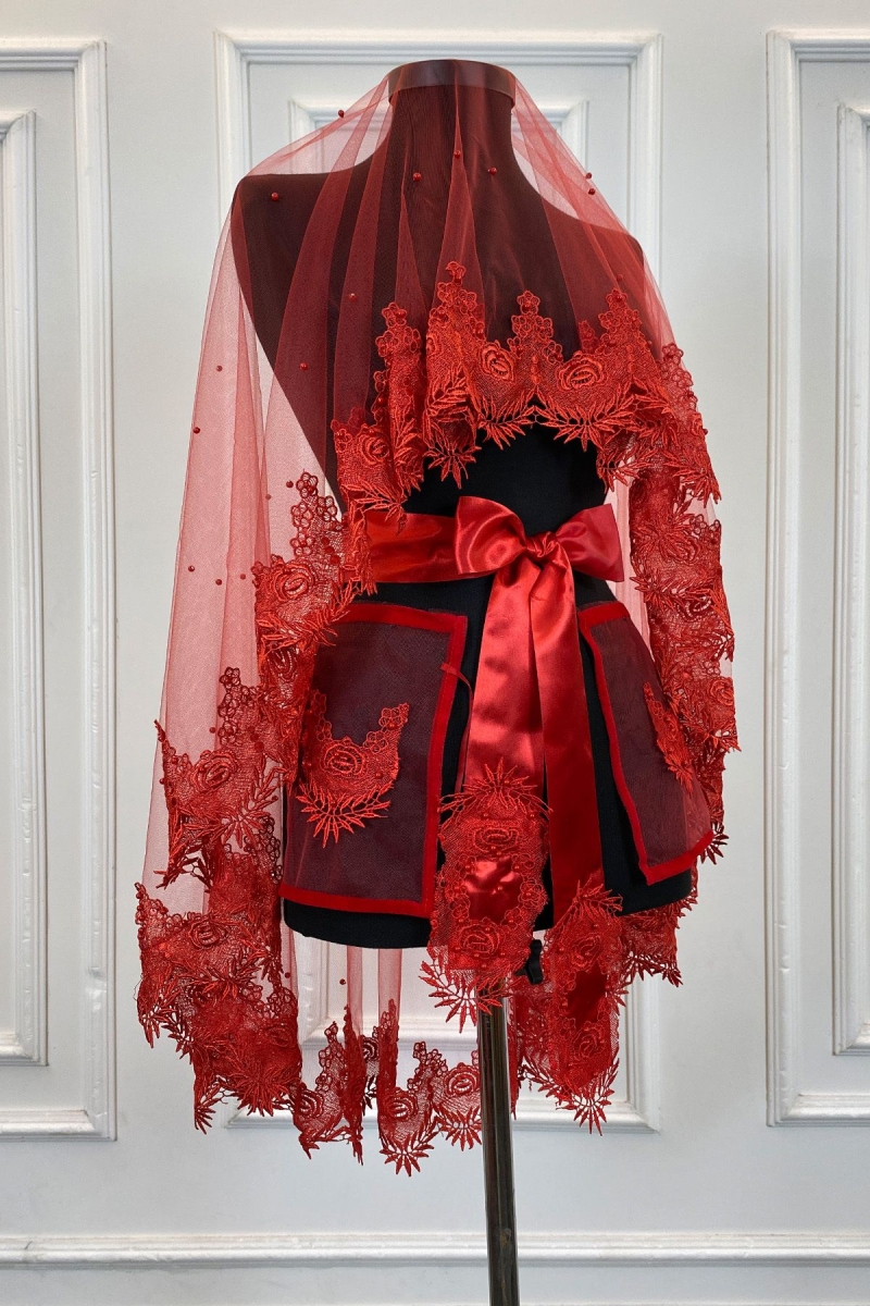 Kırmızı Gelin Duvak Seti Güpürlü Ve İnci Süslemeli Kına Gecesi Duvağı Alı Örtüsü 6 Parça