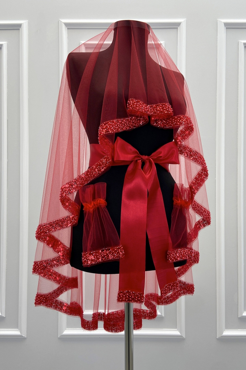 Kırmızı Gelin Duvak Seti, İnci, Pul Ve Cam Boncuk İşlemeli, Kına Gecesi Duvağı Seti 6 Parça