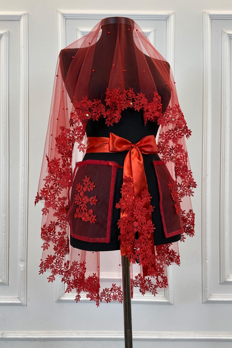 Kırmızı Gelin Duvak Seti, İnci Ve Parlak Taş Süslemeli Kına Gecesi Duvağı Alı Örtüsü 6 Parça