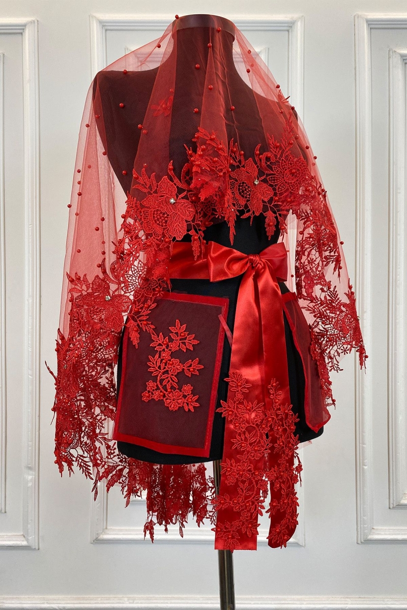 Kırmızı Gelin Duvak Seti, İnci Ve Parlak Taş Süslemeli Kına Gecesi Duvağı Alı Örtüsü 6 Parça