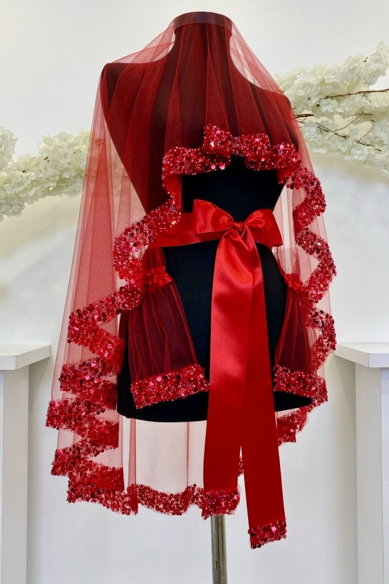 Kırmızı Gelin Duvak Seti, Işıl Işıl Kristal Cam Boncuk, İnci ve Pul İşlemeli Kına Duvağı 6 Parça