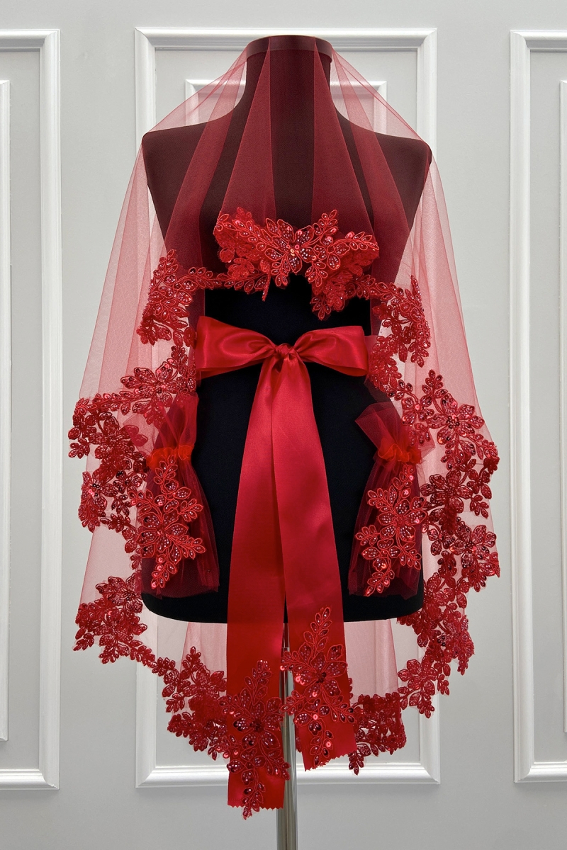 Kırmızı Gelin Duvak Seti, Işıl Işıl Kristal Cam Boncuk Ve Pul İşlemeli Kına Duvağı 6 Parça