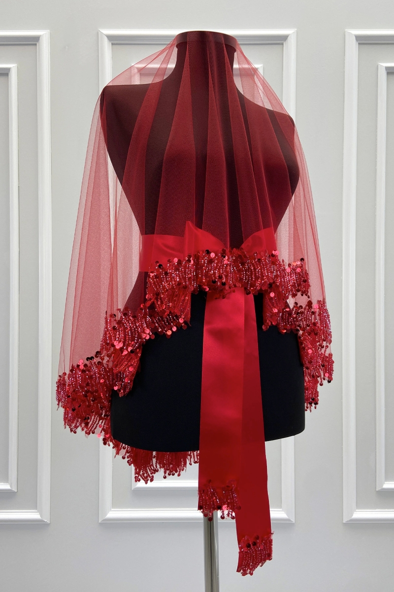 Kırmızı Gelin Duvak Seti, Işıl Işıl Kristal Cam Boncuk ve Pul İşlemeli Kına Duvağı 6 Parça