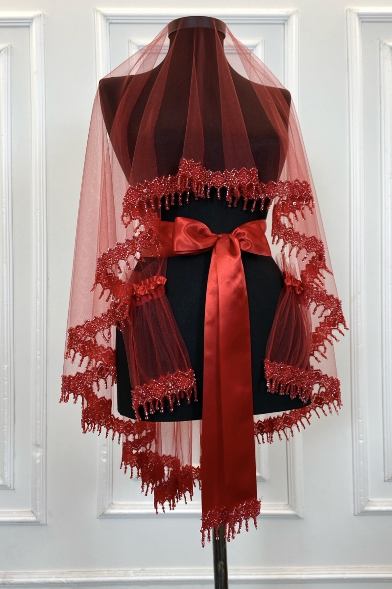 Kırmızı Gelin Duvak Seti, Kristal Boncuk Işlemeli Kına Duvağı Örtüsü Seti 6 Parça