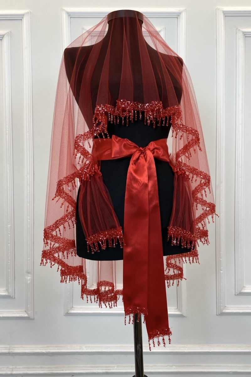 Kırmızı Gelin Duvak Seti, Kristal Boncuk İşlemeli Kına Duvağı Seti 6 Parça