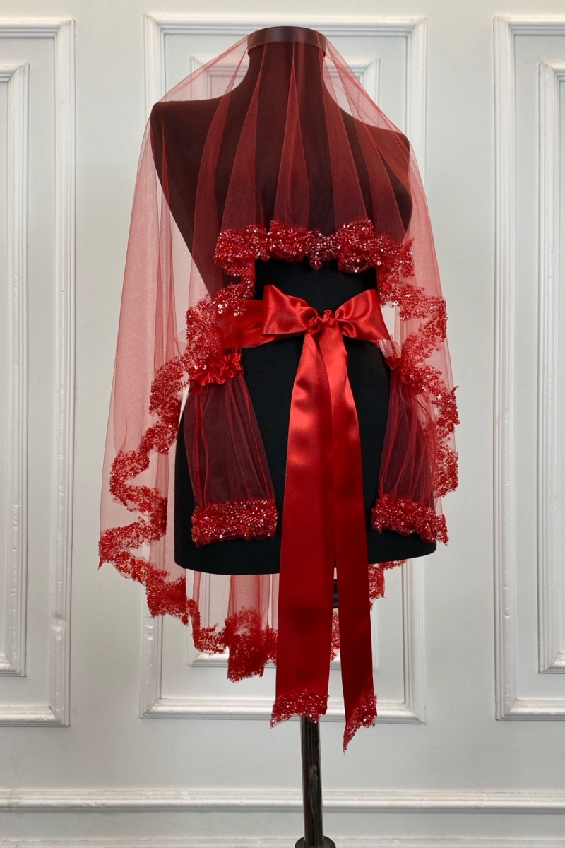 Kırmızı Gelin Duvak Seti, Kristal Boncuk İşlemeli Kına Duvağı Seti 6 Parça