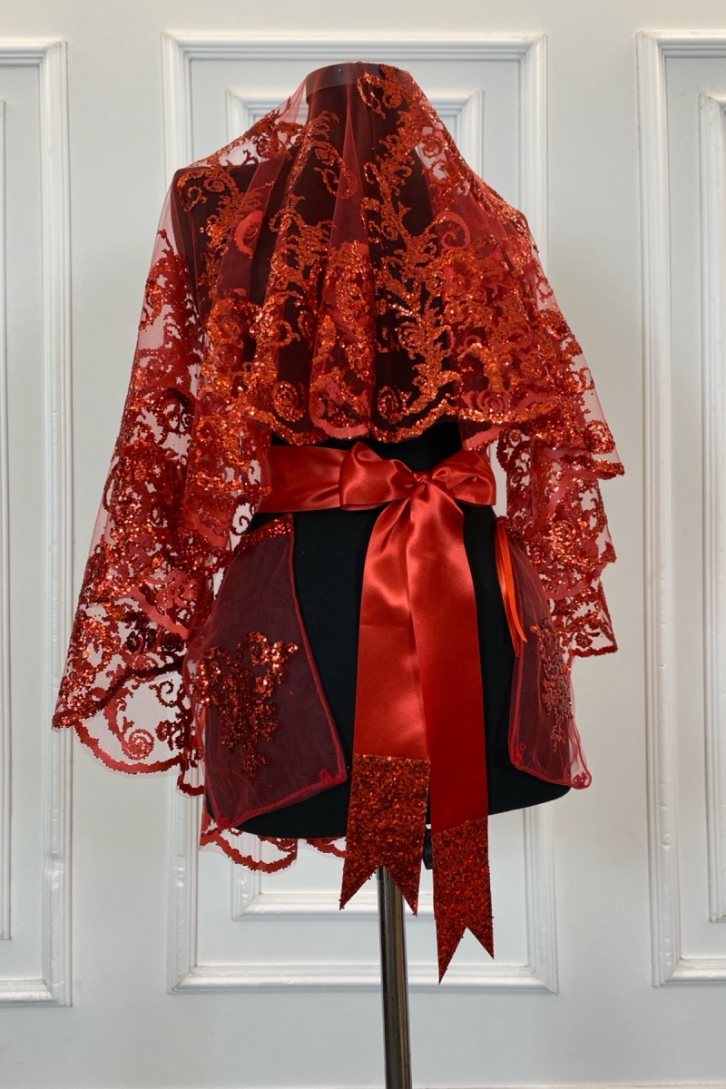 Kırmızı Gelin Duvak Seti, Pul Sim Baskılı Işıl Işıl Kına Duvağı Seti 4 Parça