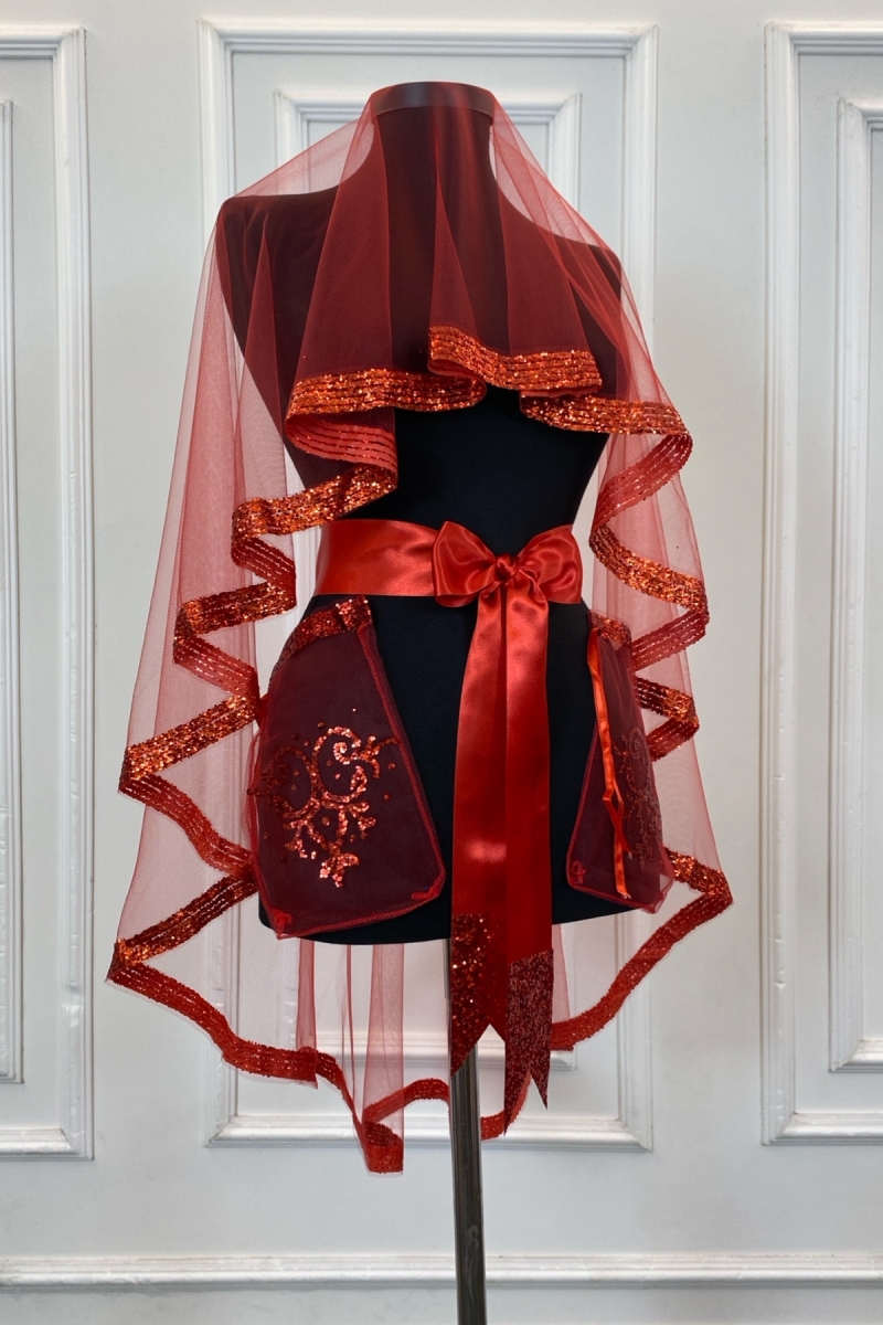 Kırmızı Gelin Duvak Seti, Pul Sim Baskılı Kına Duvağı Seti 4 Parça