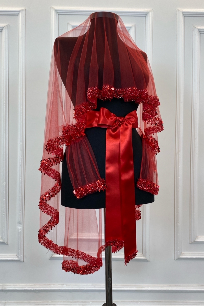 Kırmızı Gelin Duvak Seti, Pullu Boncuklu İncili Su Taşlı Yaprak Desenli Kına Duvağı Seti 6 Parça