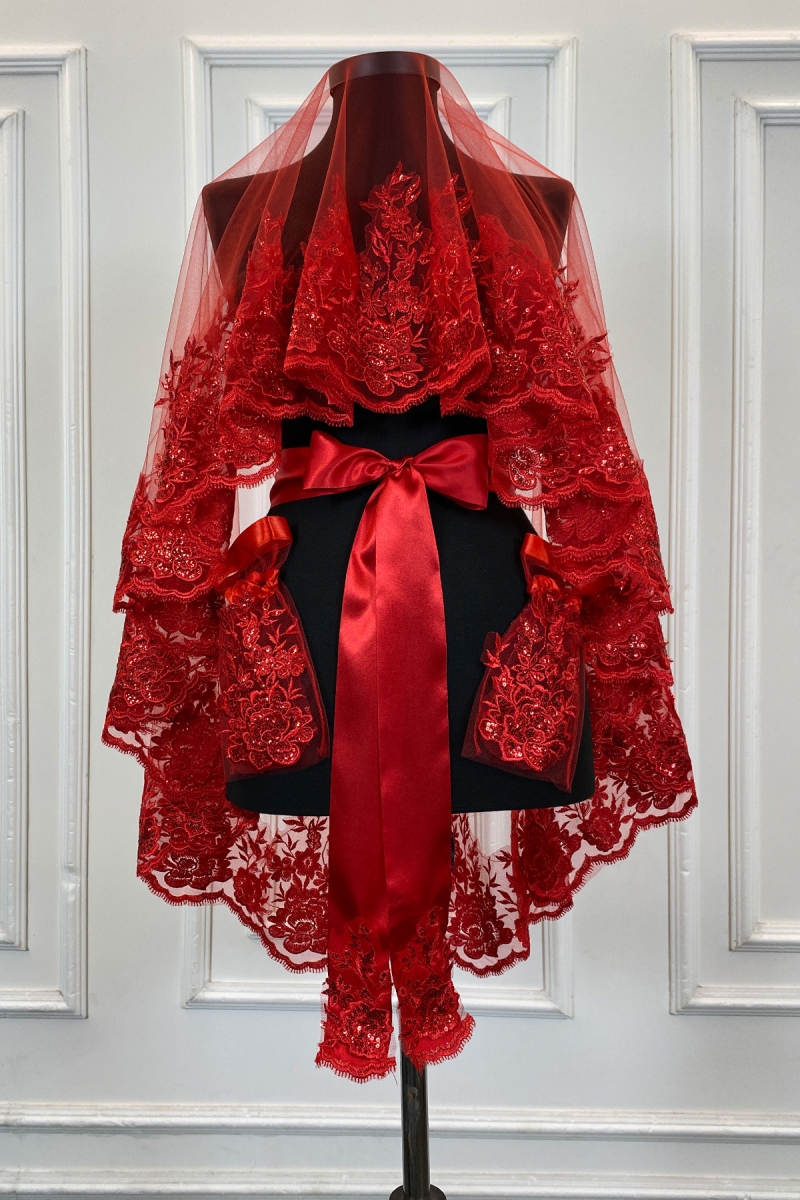 Kırmızı Gelin Duvak Seti, Pullu Boncuklu Kristal Taşlı Kına Duvağı Seti 6 Parça Mahidevran Model