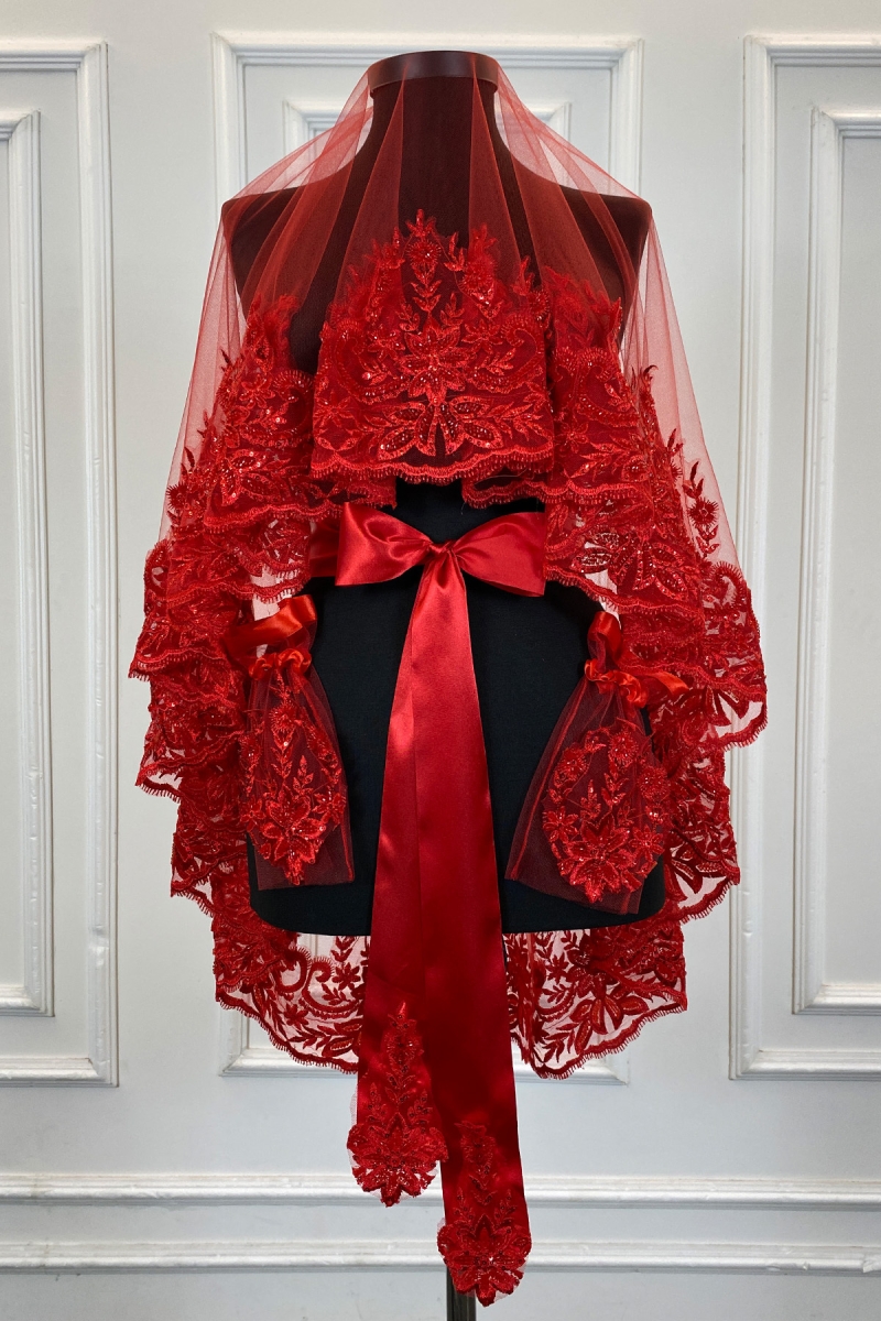 Kırmızı Gelin Duvak Seti, Pullu Boncuklu Kristal Taşlı Kına Duvağı Seti 6 Parça Mihrimah Model