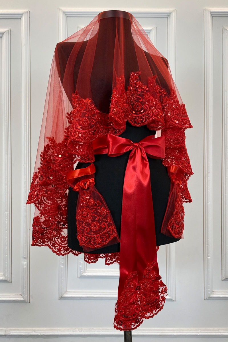 Kırmızı Gelin Duvak Seti, Pullu Boncuklu Kristal Taşlı Kına Duvağı Seti 6 Parça Selcan Model