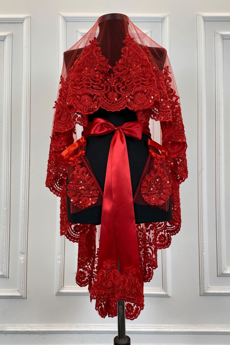 Kırmızı Gelin Duvak Seti, Pullu Boncuklu Kristal Taşlı Kına Gecesi Örtüsü 6 Parça Hürrem Model