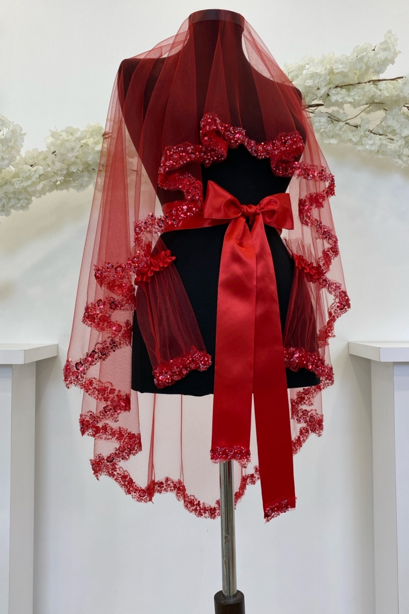 Kırmızı Gelin Duvak Seti, Su Taşlı Elegance Kına Duvağı Seti 6 Parça