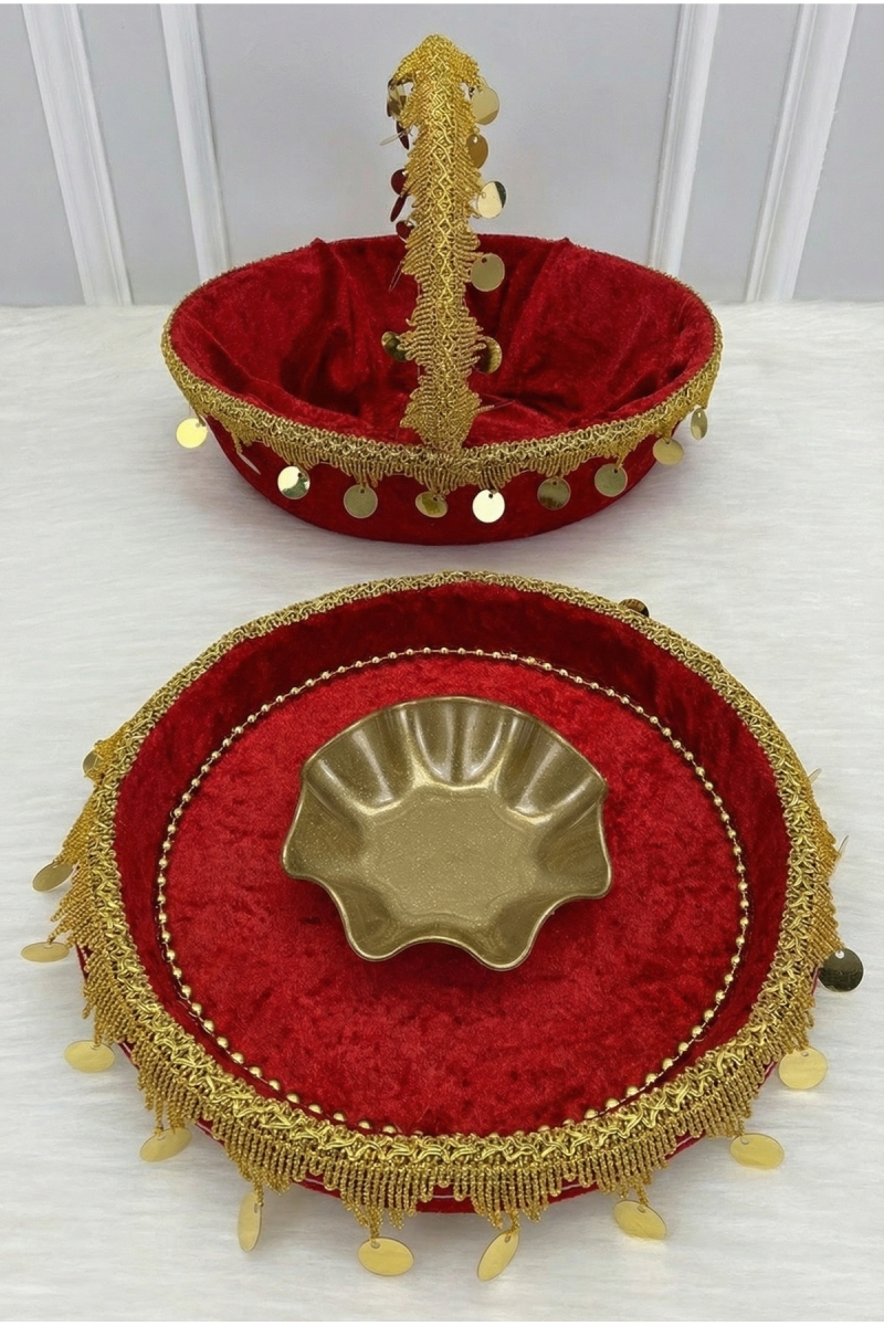 Kırmızı Gelin Kına Gecesi Tepsi Ve Sepeti, Gold Pullu Ve Güpürlü Kadife, Düğün, Sünnet, Nişan, Söz