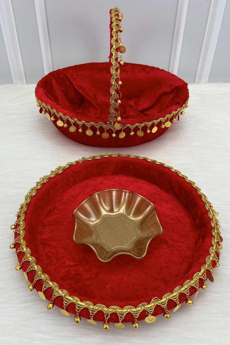 Kırmızı Gelin Kına Gecesi Tepsi Ve Sepeti, Kadife, Gold Zilli Ve Pullu, Düğün, Sünnet, Nişan, Söz