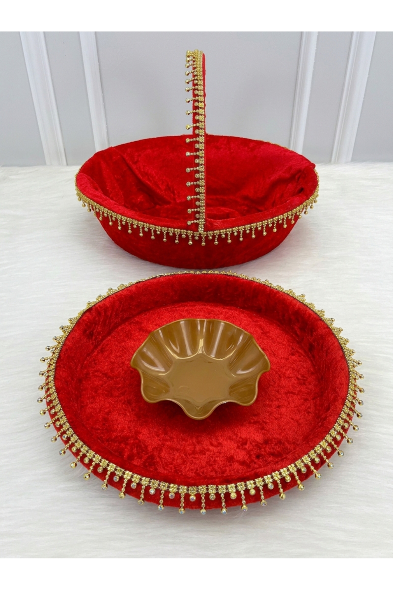 Kırmızı Gelin Kına Gecesi Tepsi Ve Sepeti, Lüks Parlak Taşlı Kadife, Düğün, Sünnet, Nişan, Söz