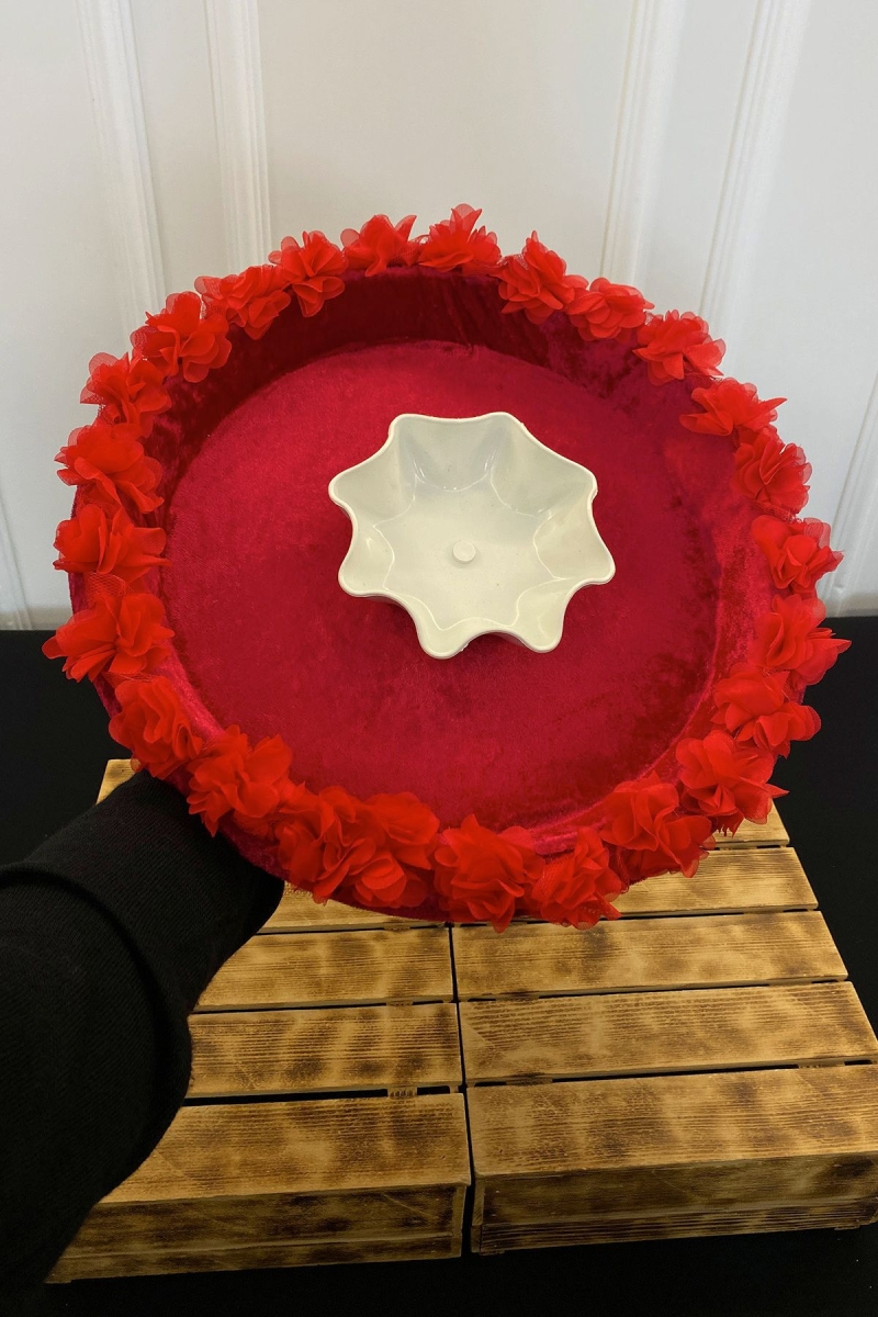 Kırmızı Gelin Kına Gecesi Tepsisi, Düğün, Sünnet, Kadife Üç Boyutlu Lazer Çiçek Süslemeli Tepsi