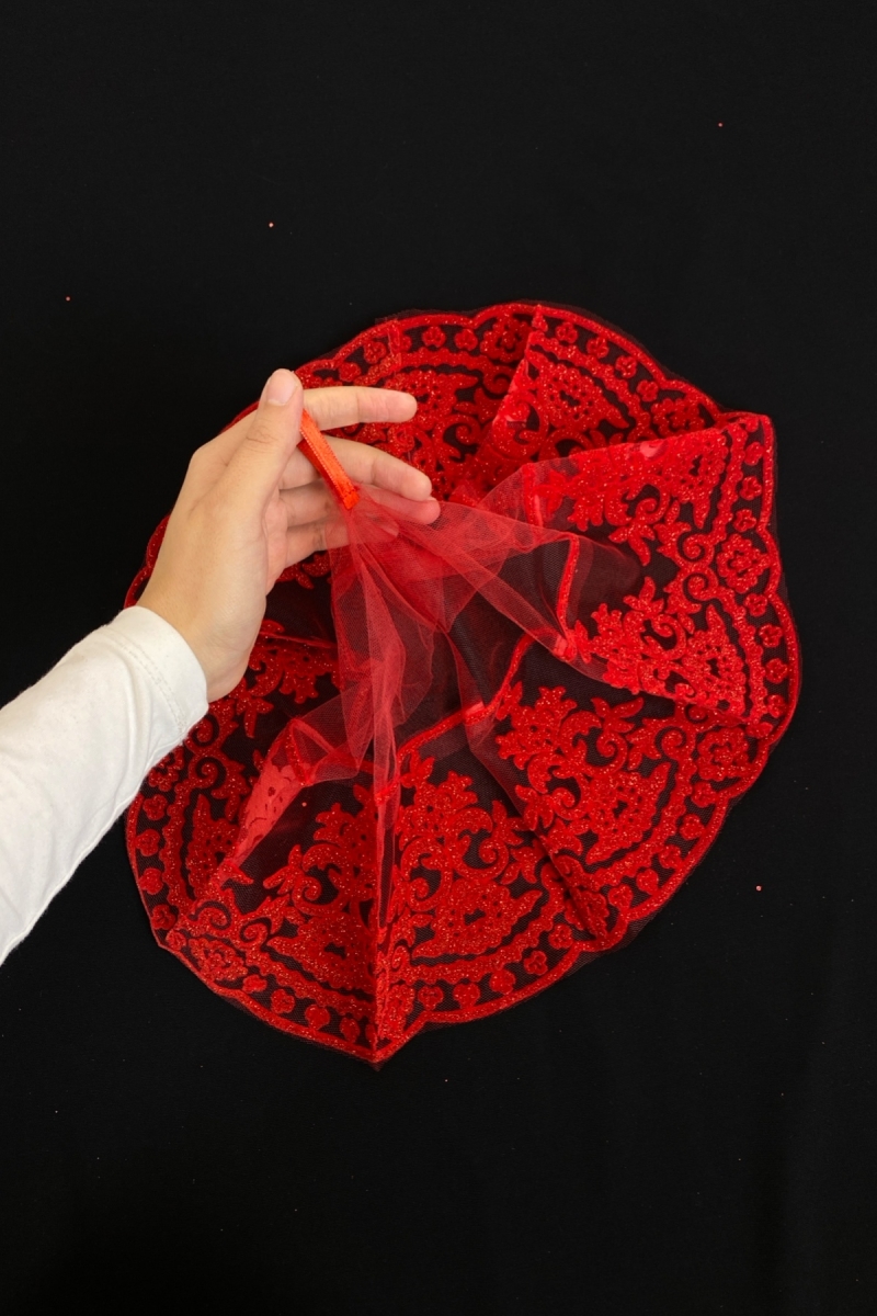 Kırmızı Gelin Mendili, Düğün Halay Mendili, Simli Flok Baskı Kına Mendili 5 Adet