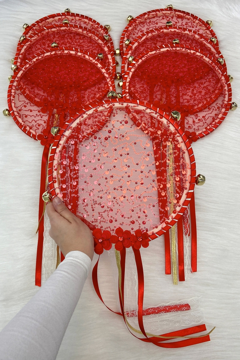 Kırmızı Gelin Nedime Tef, Çiçek Pul Payet Ve Parlak Taşlı, Düğün Kına Bride Sünnet Parti Defi 1 Adet