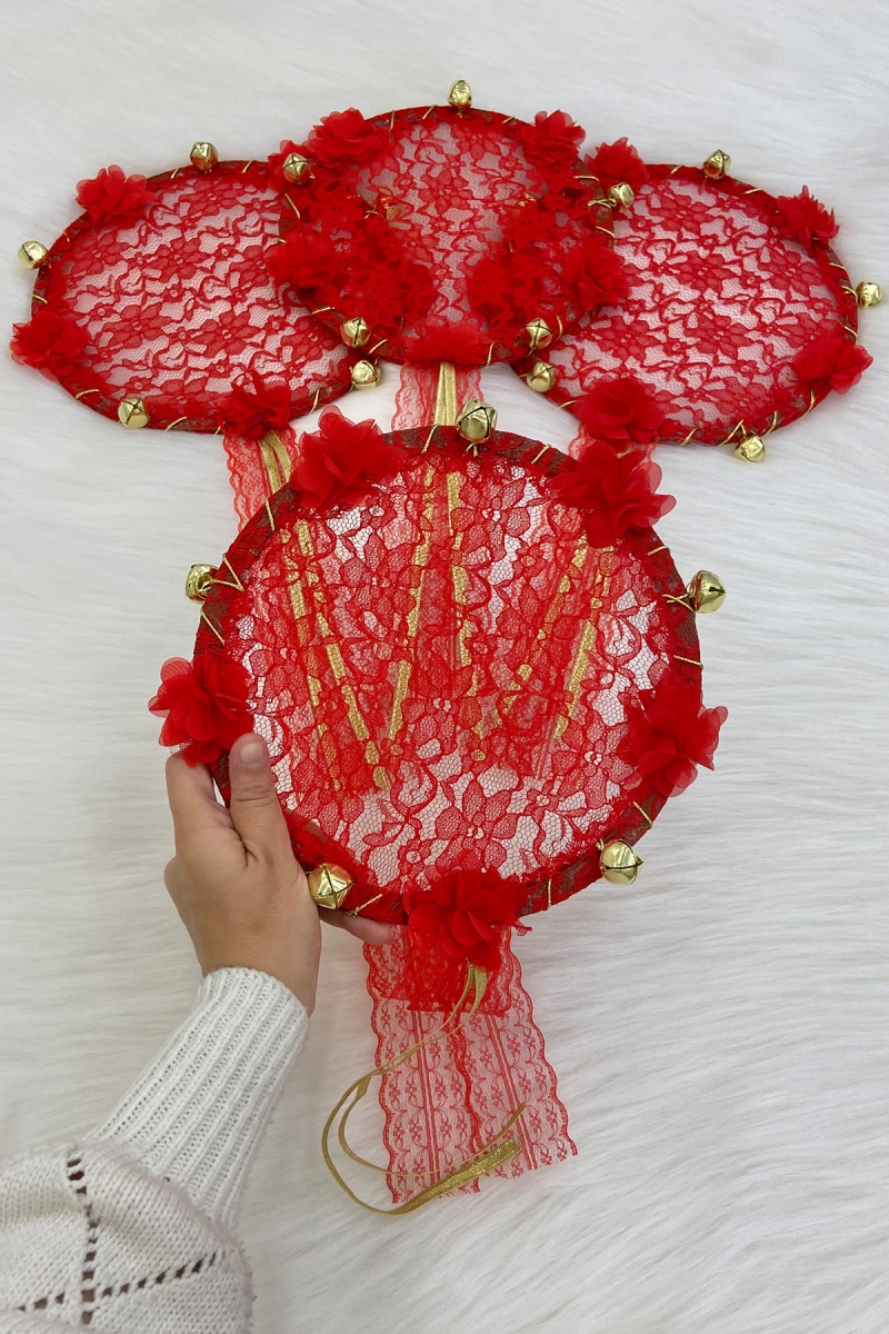 Kırmızı Gelin Nedime Tefi Dantel 3D Süslemeli, Düğün Kına Sünnet Bride To Be