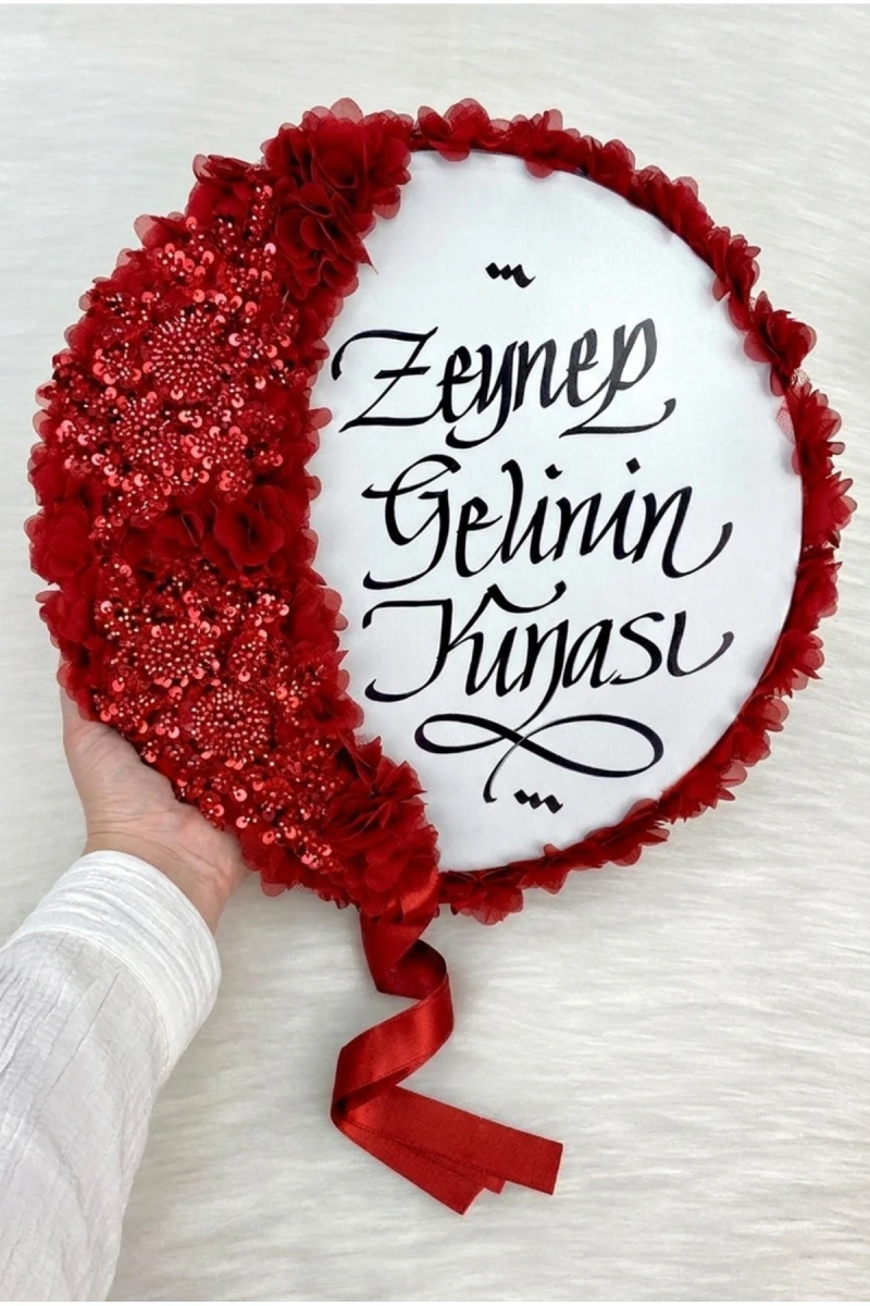 Kırmızı Gelin Tefi 32cm, Kaligrafi Ve Vip Aplik Süslemeli, Düğün Sünnet Kına Nedime Nikah Söz Bride Parti Tefi