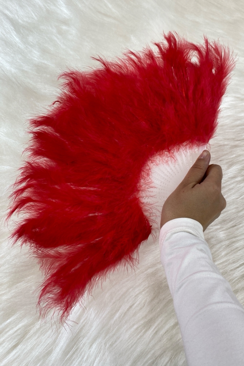 Kırmızı Gelin Tüylü Yelpazesi, Plastik Kına Nedime Sünnet Yelpaze, Orta Boy 25*40cm