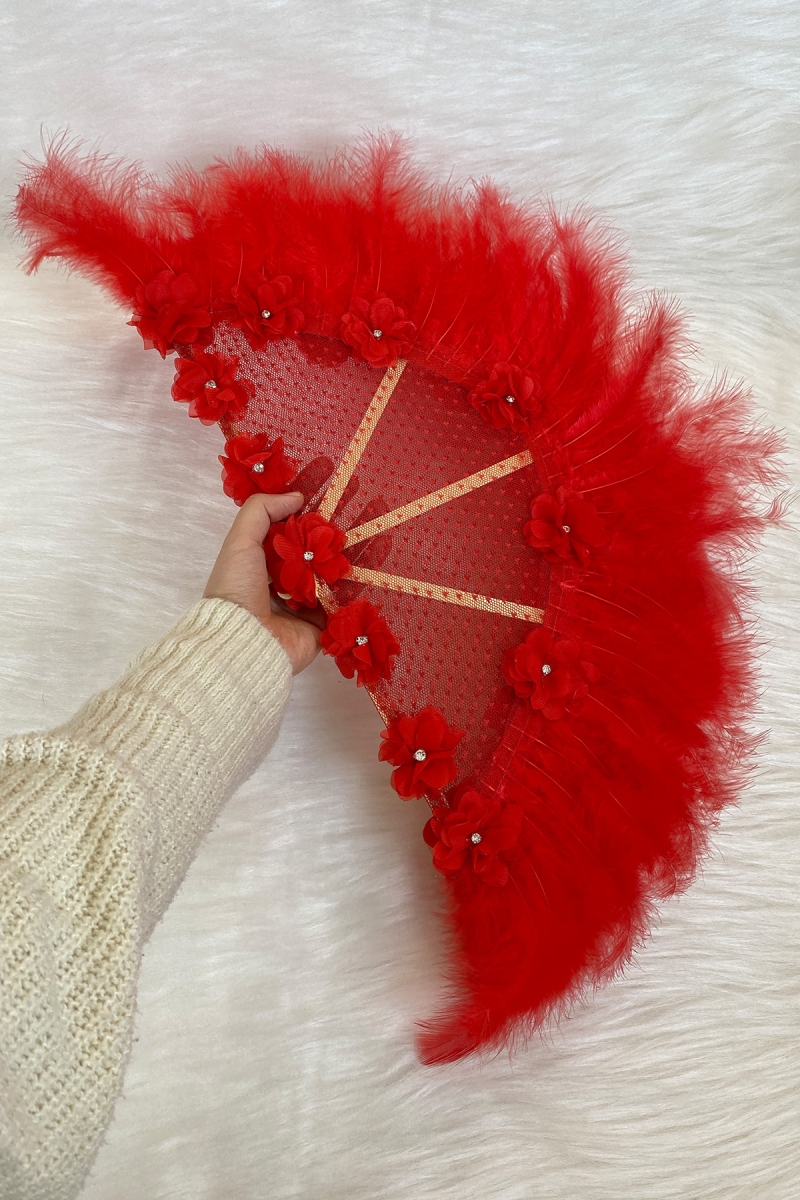 Kırmızı Gelin Yelpazesi, Ahşap Tüylü Dantel Ve 3D Çiçek Süslemeli Kına Yelpazesi, Büyük Boy Yelpaze
