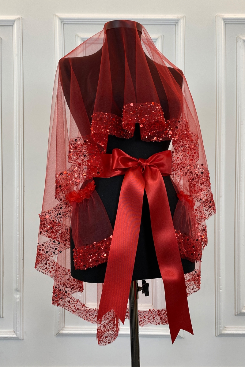 Kırmızı Geniş Pullu Ve İncili Gelin Duvak Seti, Kına Gecesi Örtüsü 6 Parça