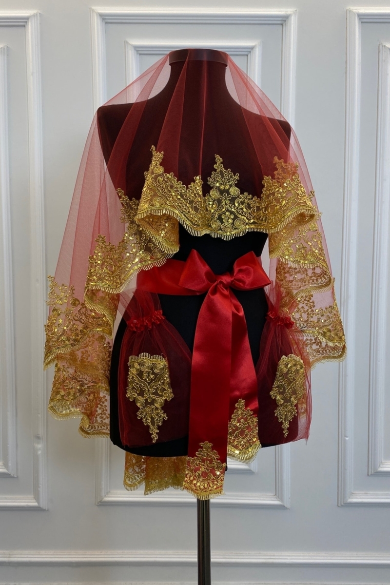 Kırmızı Gold Işıl Işıl Güpürlü Gelin Kına Duvağı Seti Düğün Kına Gecesi Yüz Örtüsü Alı