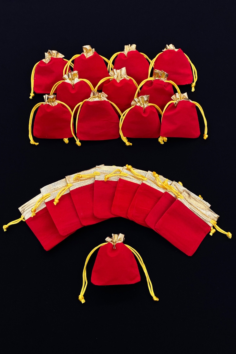 Kırmızı Gold Kadife Minik Kese, 10 Adet Ölçü 7x9cm, Hediye Altın Takı Lavanta Söz Nişan Kına Düğün