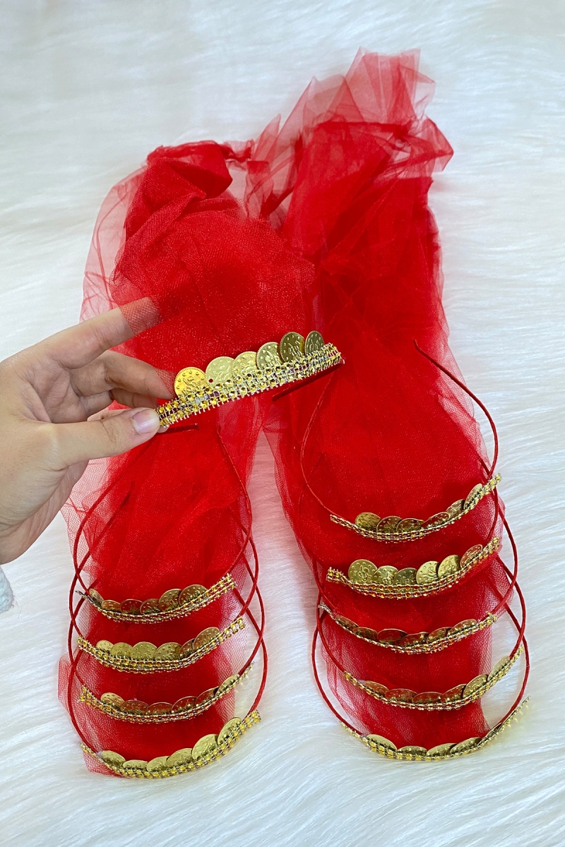 Kırmızı Gold Paralı Tüllü Nedime Taç, Gelin Kına Gecesi Düğün Bride Bekarlığa Veda Partisi Sünnet