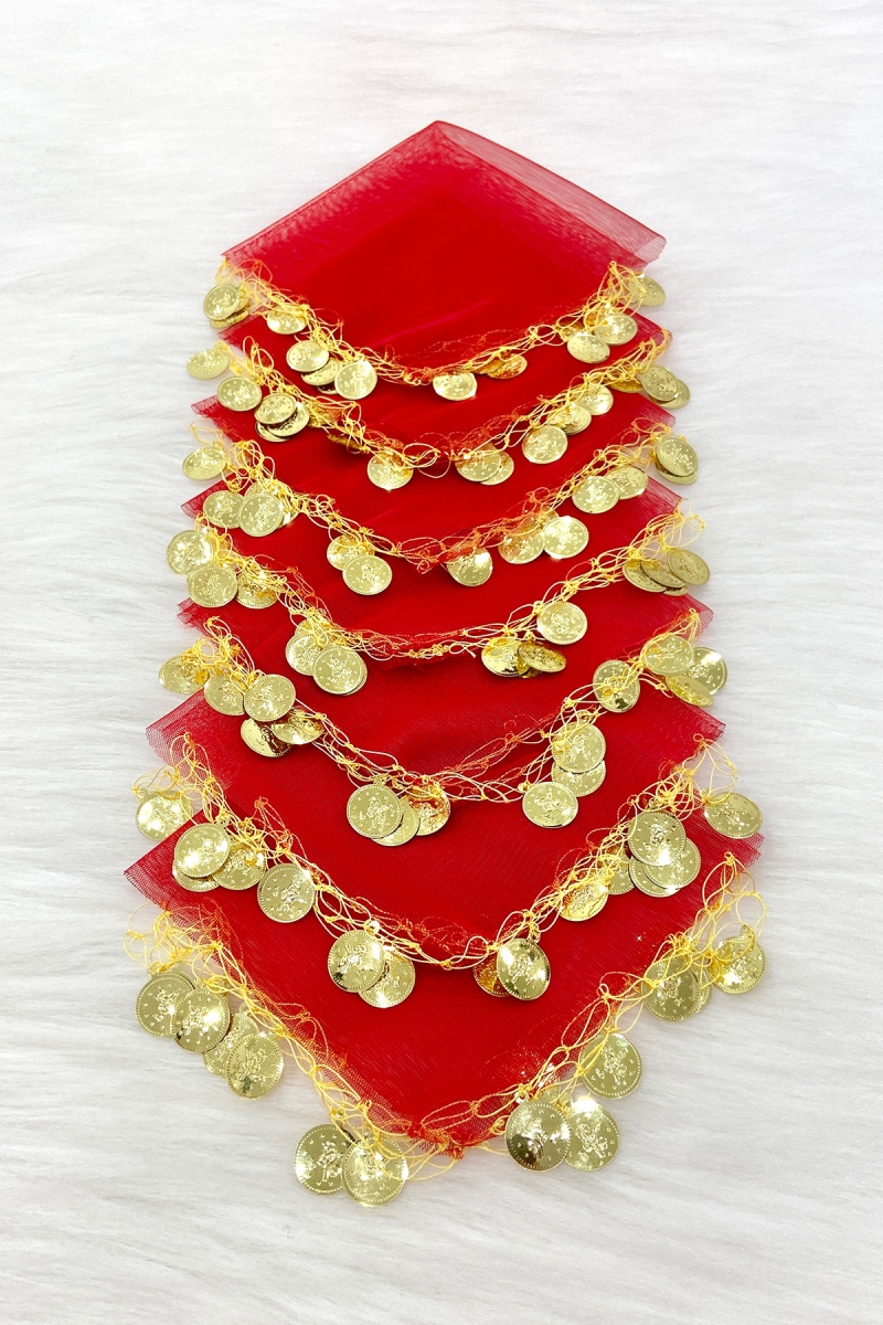 Kırmızı Gold Pullu Tül Halay Mendili 10 Adet, Gelin Damat Düğün Kına Sünnet Söz Nişan Bride