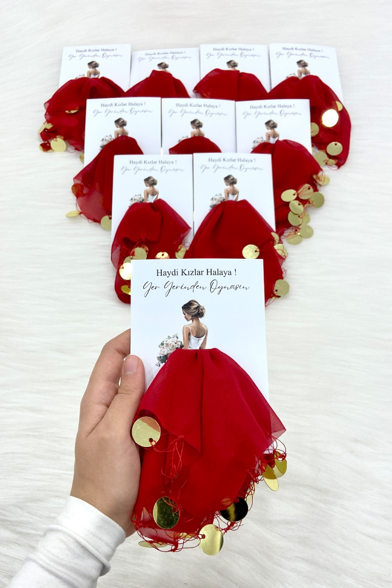 Kırmızı Gold Şifon Kartlı Hediyelik Halay Mendili 1 Adet, Gelin Damat Düğün Kına Sünnet Nişan Bride