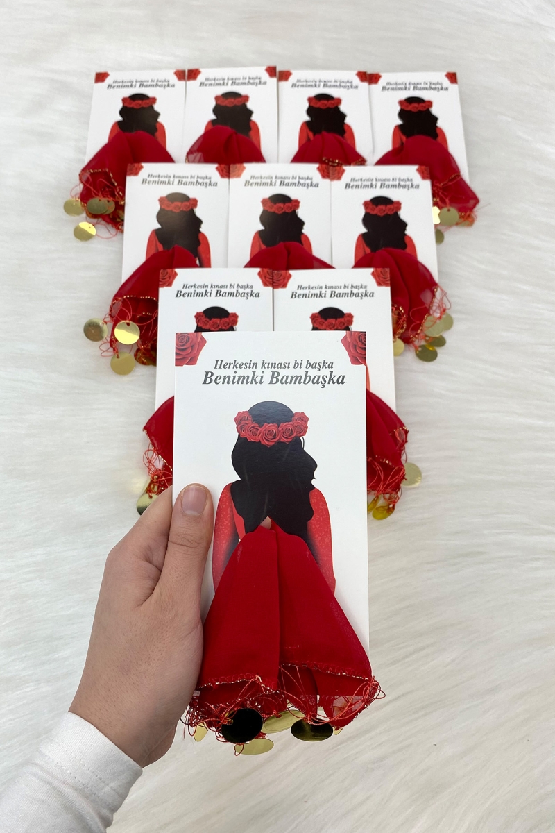 Kırmızı Gold Şifon Kartlı Hediyelik Halay Mendili 10 Adet, Gelin Damat Düğün Kına Sünnet Nişan Bride