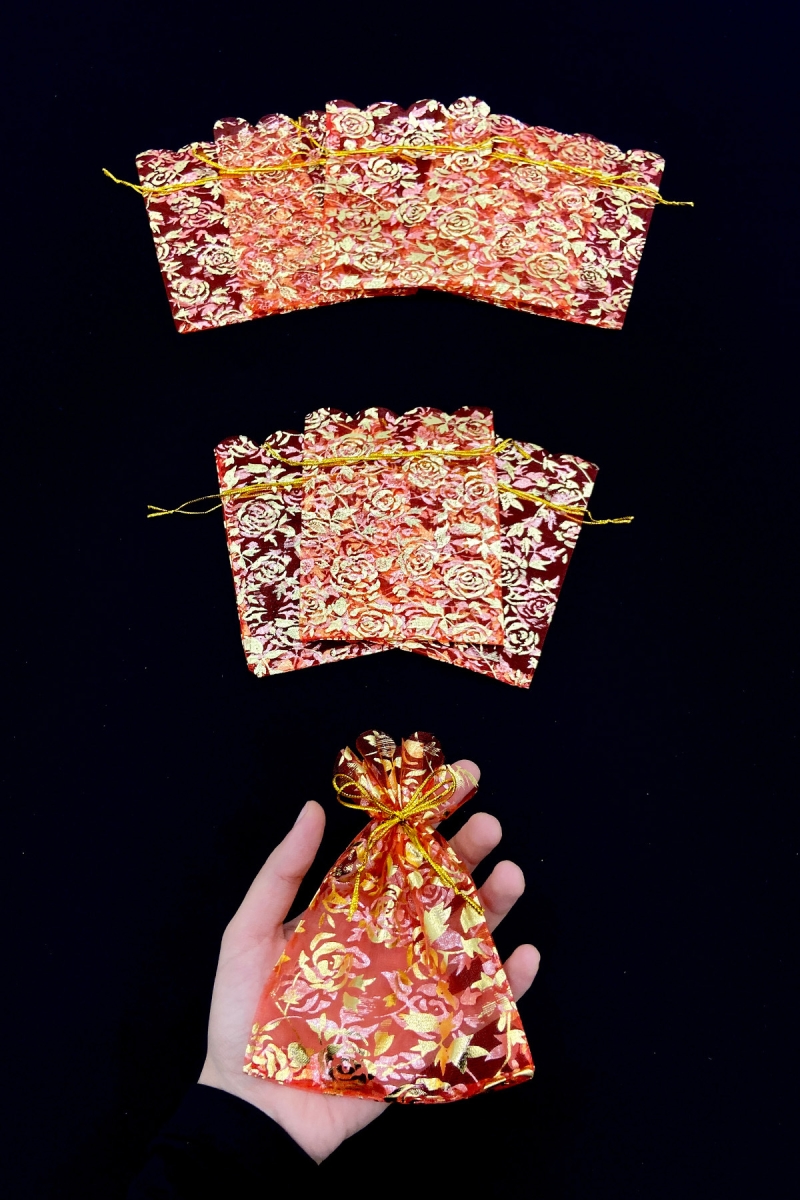 Kırmızı Güllü Kına Çerez Nişan Hediye Kesesi 50 Adet Ölçü 12x15cm, Nikah Düğün Bride Mevlüt Sünnet