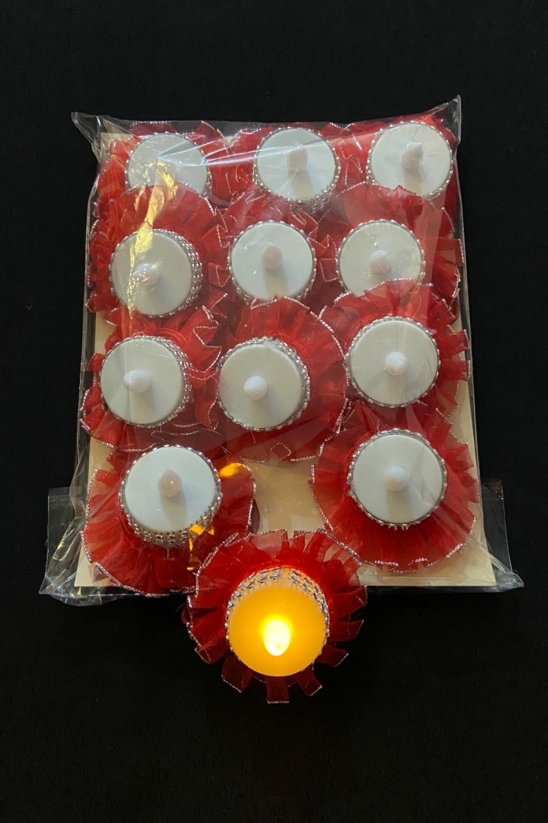 Kırmızı Gümüş Ledli Kına El Mumu, Düğün, Nedime, Bride, Sünnet, Led Işıklı, Tealight Pilli 12 Adet
