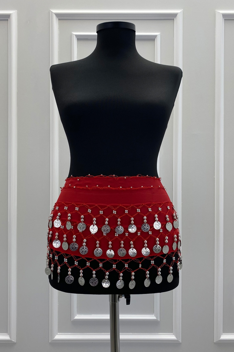 Kırmızı Gümüş Şakira Oryantal Dansöz Dans Kemeri Pullu Zilli Kına Oyun Eğlence Nedime Düğün Shakira