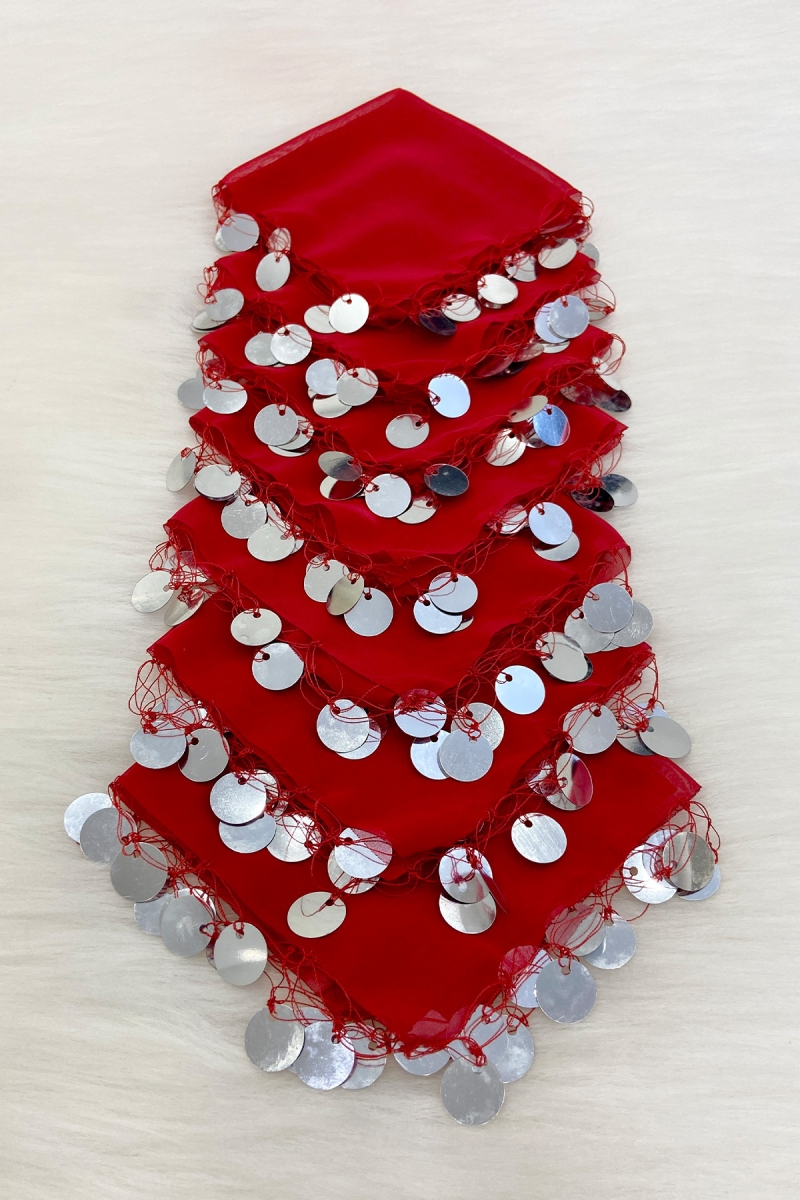 Kırmızı Gümüş Şifon Halay Mendili 10 Adet, Gelin Damat Düğün Kına Sünnet Nişan Bride