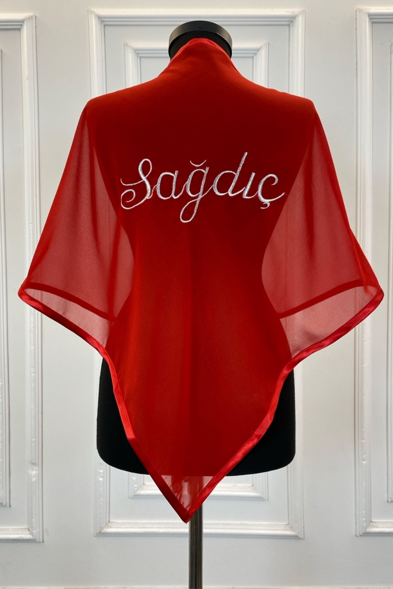 Kırmızı Gümüş Şifon Sağdıç Omuz Örtüsü Şalı, Damat Sağdıç Asker Kına Örtüsü