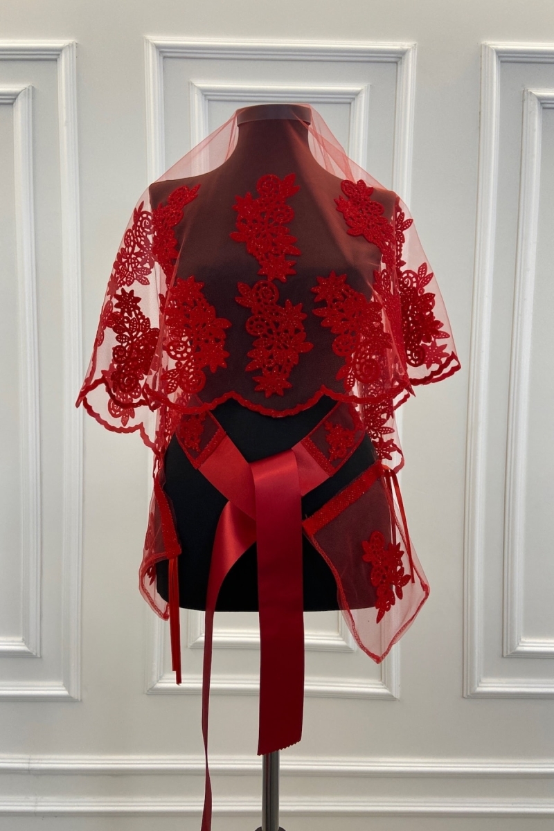 Kırmızı Güpür Desenli Flok Baskı Simli Gelin Duvak Kuşak Eldiven Set