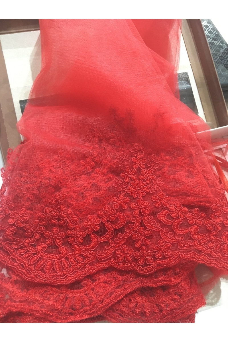 Kırmızı Güpürlü Gelin Duvak Eldiven Kuşak Tam Set Gelin Örtüsü