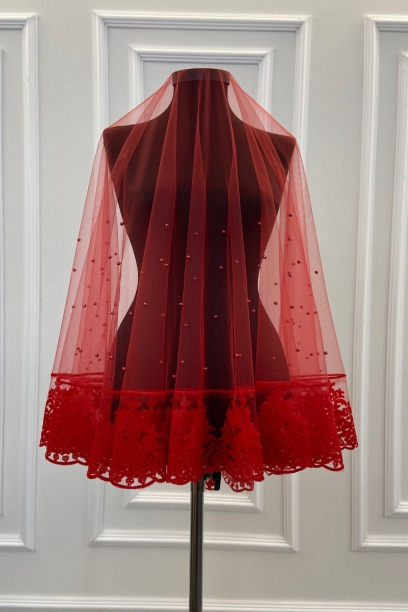 Kırmızı İncili Flok Baskı Simli Gelin Duvağı Seti