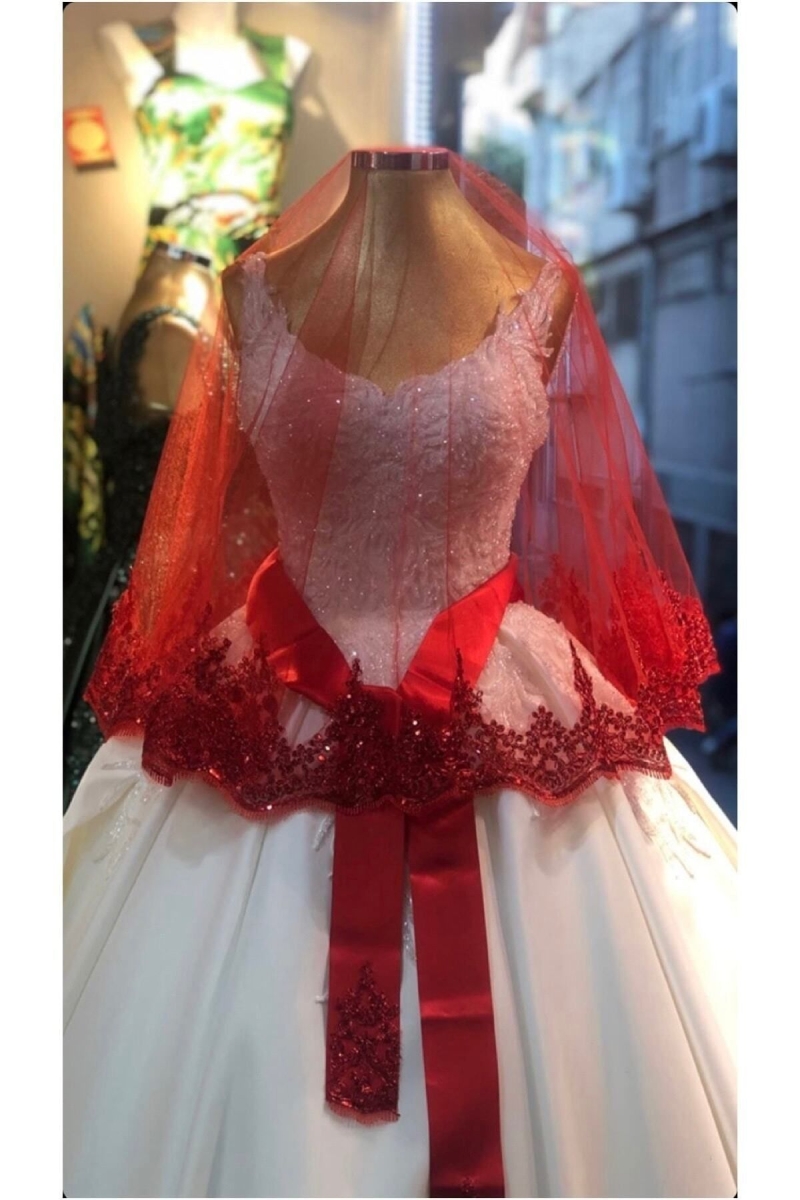 Kırmızı Işıl Işıl Güpürlü Gelin Duvağı Seti Düğün Yüz Örtüsü Kına Gecesi Nikah Duvak Kuşak Eldiven