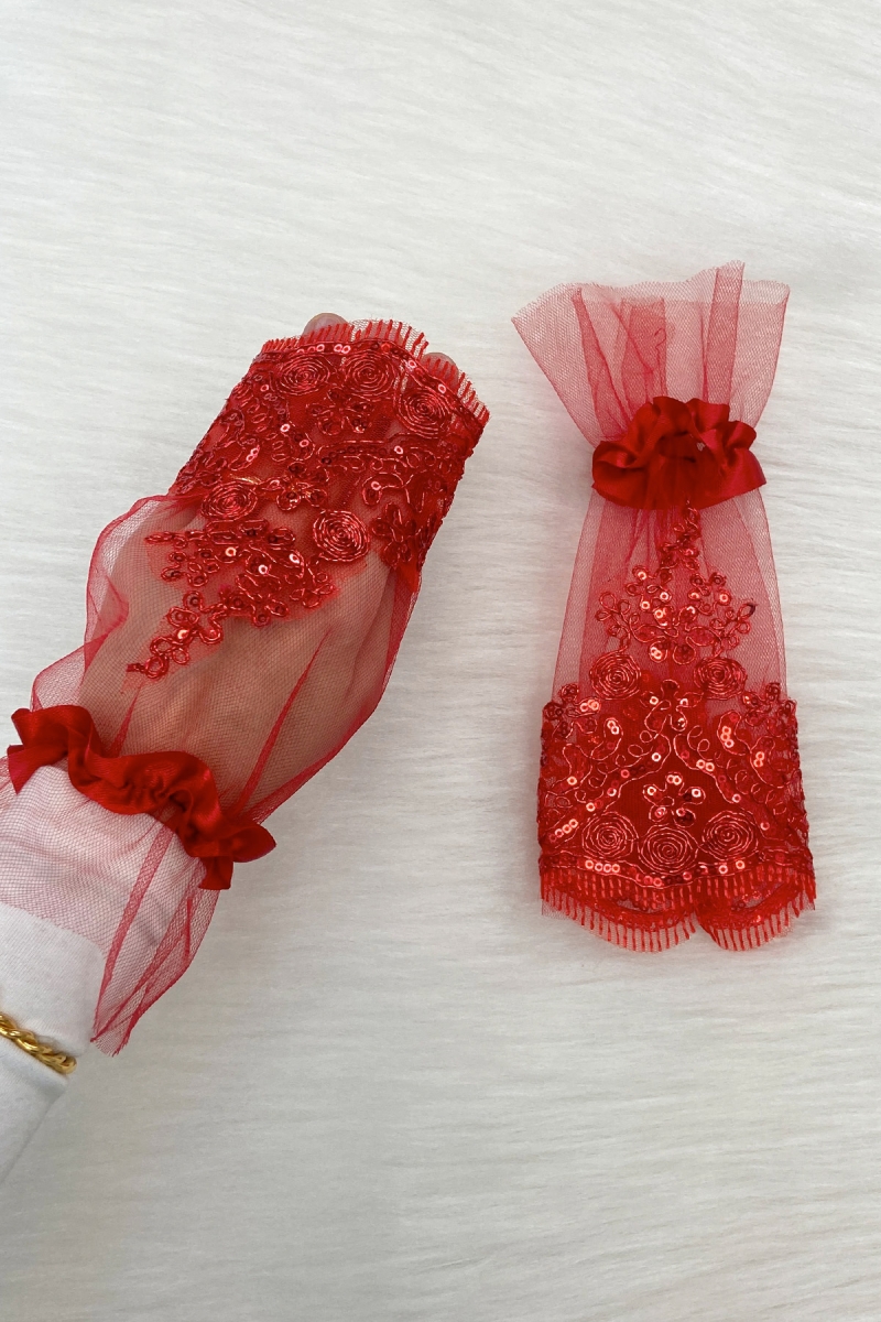 Kırmızı Işıl Işıl Güpürlü Gelin Eldiveni Kına Eldiveni Düğün Kına Gecesi Bekarlığa Veda Nikah Bride